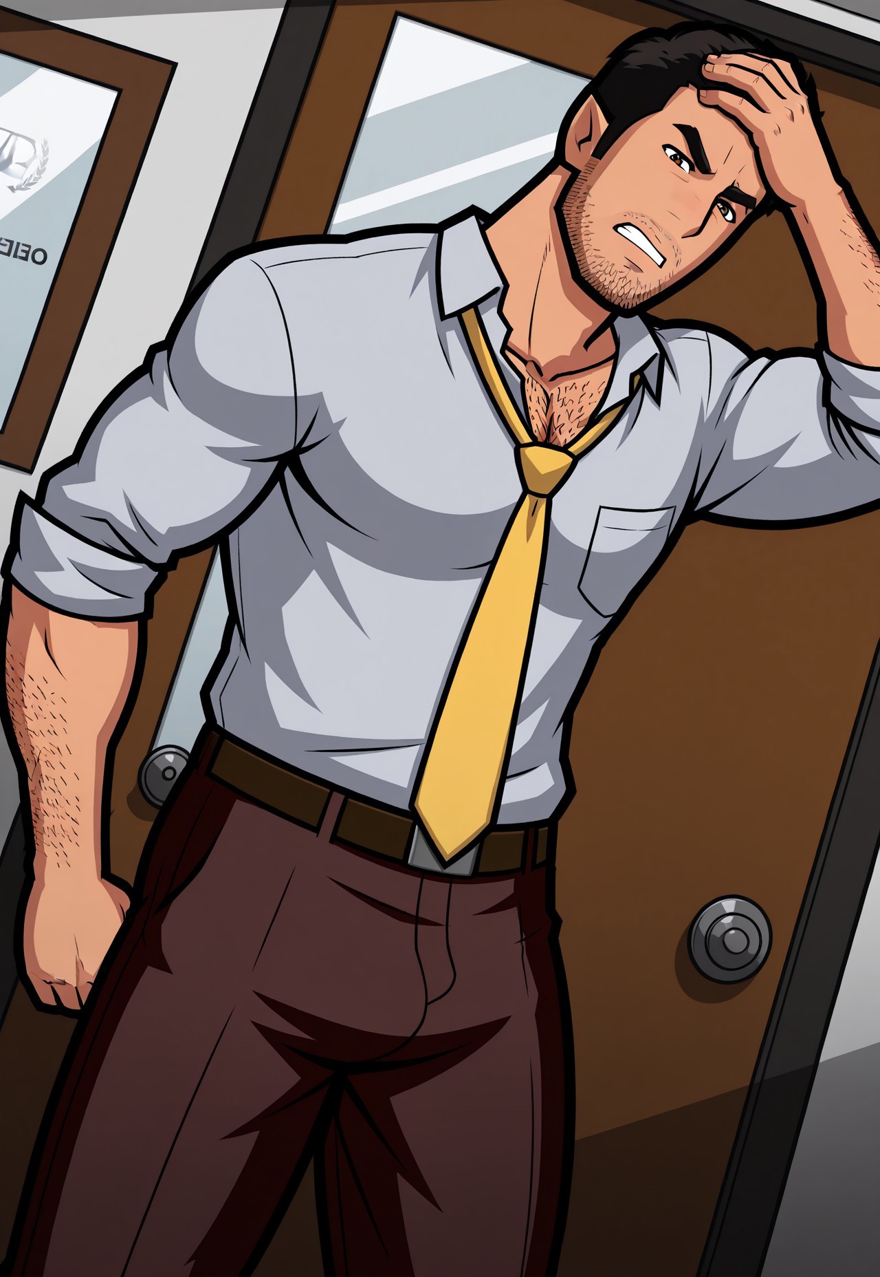 masterpiece, best quality, absurdres, captivating scene, official art,

1boy, gay, yaoi, male, male only, man, male focus, solo,

(humplex_attorney, mature male, black hair, stubble, forearm hair, chest hair, light grey button up, yellow necktie, brown pants)

indoors, (office), dynamic angle, dim lighting, dynamic pose,

(angry expression, standing, hand on forehead, leaning against door),