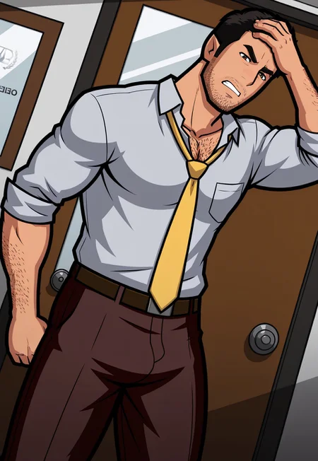 masterpiece, best quality, absurdres, captivating scene, official art,

1boy, gay, yaoi, male, male only, man, male focus, solo,

(humplex_attorney, mature male, black hair, stubble, forearm hair, chest hair, light grey button up, yellow necktie, brown pants)

indoors, (office), dynamic angle, dim lighting, dynamic pose,

(angry expression, standing, hand on forehead, leaning against door),