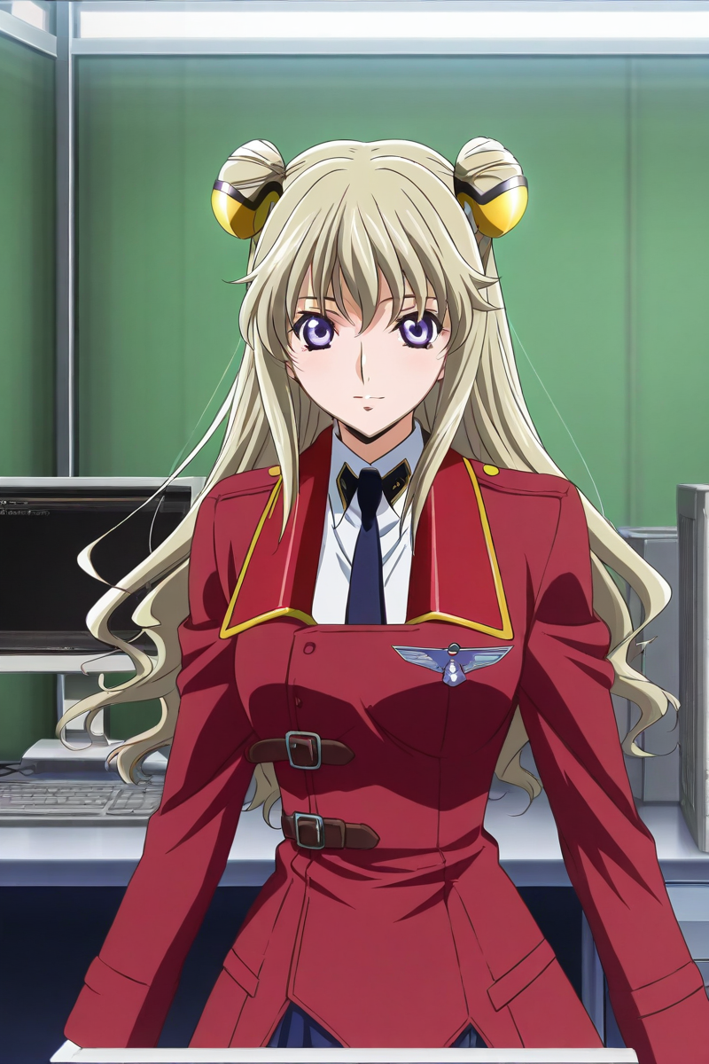 <lora:leila_malcal_CGA_illus:1>leila malcal, hair accessories, winter military uniform, 1girl, long hair, blue eyes, blonde hair, hair ornament, gloves, dress, school uniform, purple eyes, hair bun, double bun, standing, computer room, indoor, monitoring room,  looking at viewer, red coat, cheerful, smile,