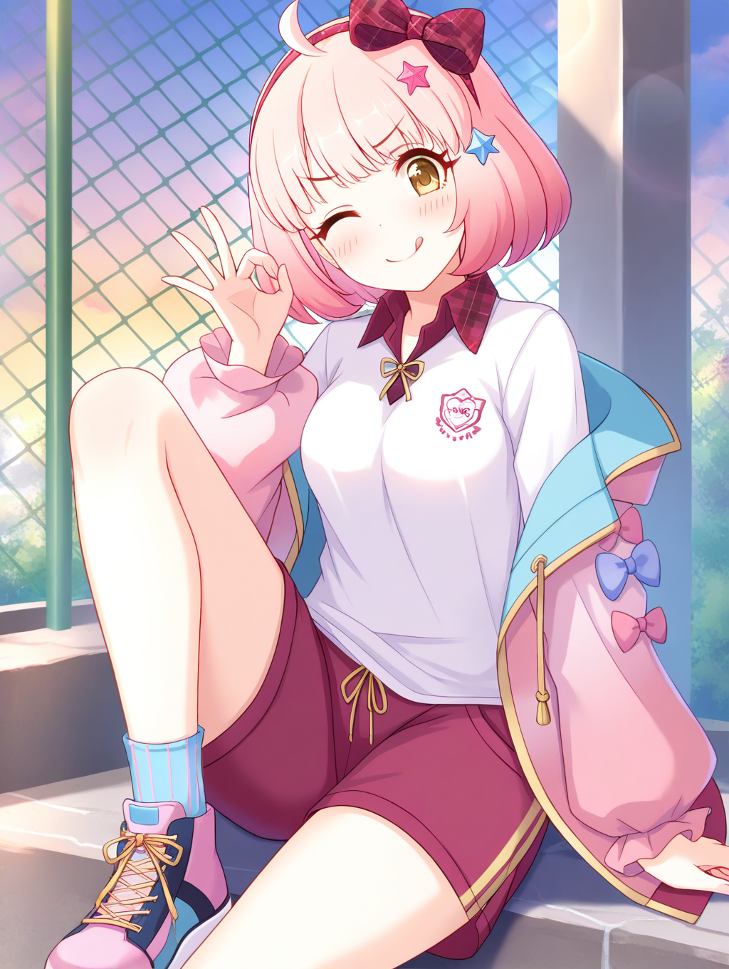(masterpiece,best quality,ultra_detailed,highres,absurdres:1.2,amazing quality,very aesthetic),<lora:chieru _ilxl_v1-000012:0.8>,chieru \(school festival\) \(princess_connect!\), 1girl, chain-link fence, star in eye, star hair ornament, red shorts, star \(symbol\), fence, shirt, one eye closed, red hairband, bow hairband, solo, ok sign, jacket, shorts, tongue out, pink hair, tongue, pink jacket, collared shirt, symbol in eye, open jacket, bow, hair ornament, ribbed legwear, socks, gym shorts, hairband, white shirt, shoes, open clothes, ;q, blue socks, breasts, plaid, ahoge, yellow eyes, looking at viewer, sitting, blush, outdoors, hair bow, short hair, medium breasts, puffy sleeves, long sleeves, red bow, smile, closed mouth, vertical-striped socks, pink footwear, off shoulder, striped socks, puffy long sleeves, plaid bow, sneakers, knee up, sky, :q