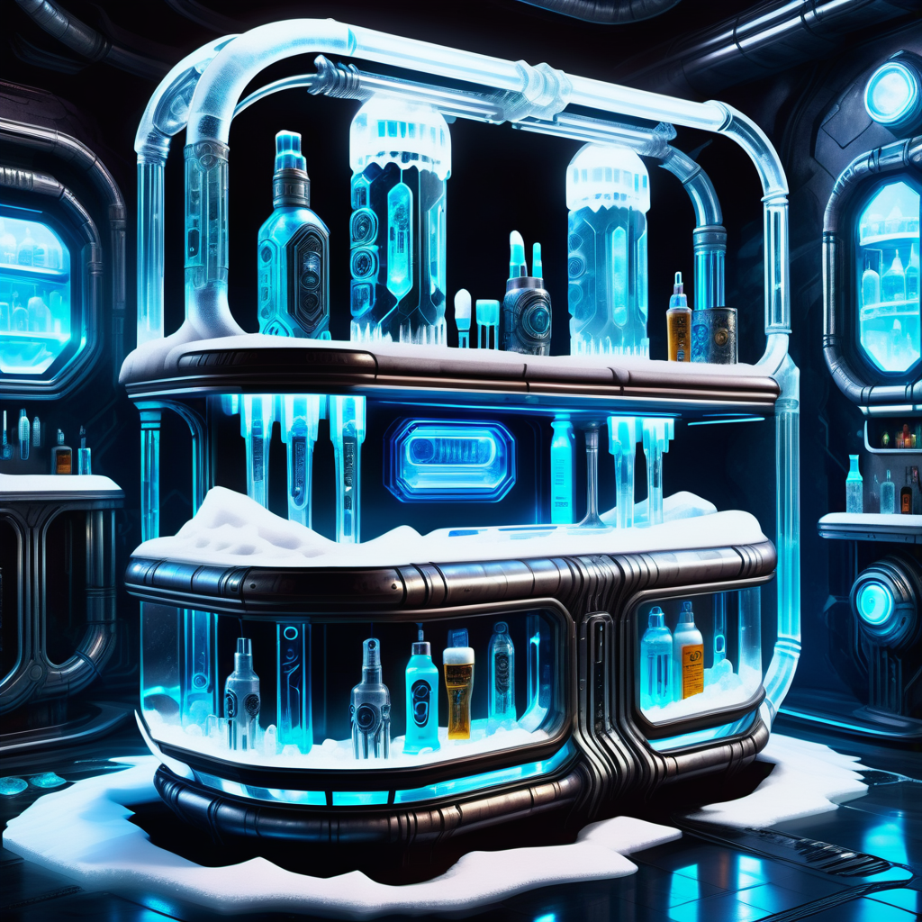 hyper detailed masterpiece, dynamic realistic digital art, awesome quality,DonMFr0stP4nkXL underground cyberpunk bar, nightstand,toothbrush and toothpaste, serpentine stone, led bulbs, downlighting, spacepunk,snow, ice  <lora:DonMFr0stP4nkXL-000006:1>