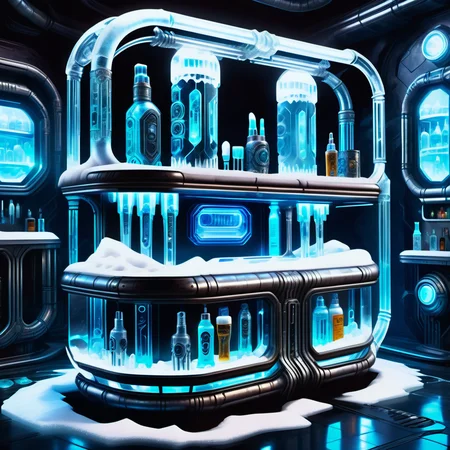 hyper detailed masterpiece, dynamic realistic digital art, awesome quality,DonMFr0stP4nkXL underground cyberpunk bar, nightstand,toothbrush and toothpaste, serpentine stone, led bulbs, downlighting, spacepunk,snow, ice <lora:DonMFr0stP4nkXL-000006:1>