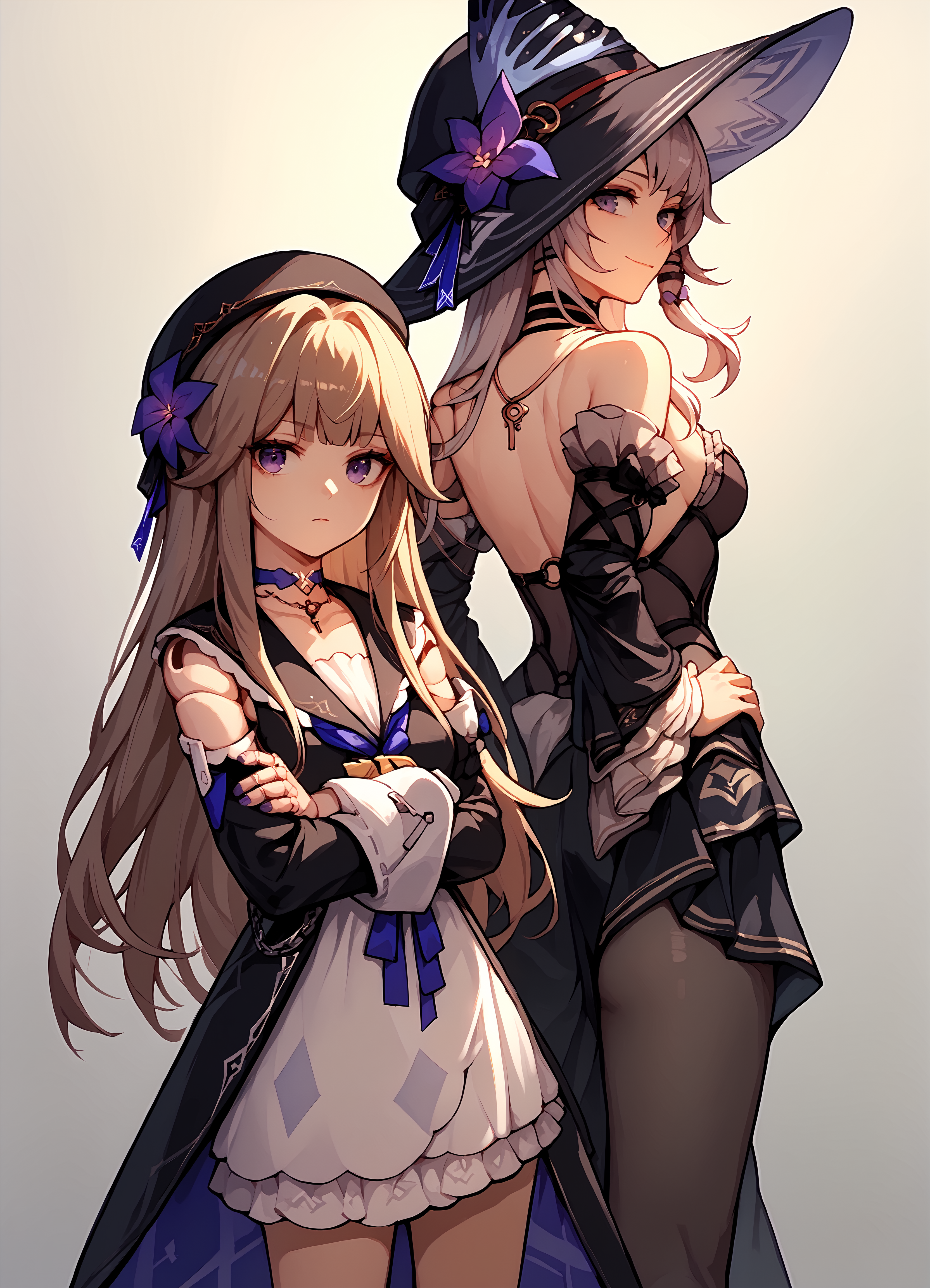 (score_9, score_8_up, score_7_up), 2girls, standing, gradient background ADDCOMM
<lora:herta-strPO-v1A:0.9>, 1girl, herta, doll joints, beret, purple choker, crossed arms, looking at viewer BREAK
1girl, the herta, witch hat, black choker, necklace, detached sleeves, black pantyhose, from behind, looking back, smile, closed mouth, hand on own hip,