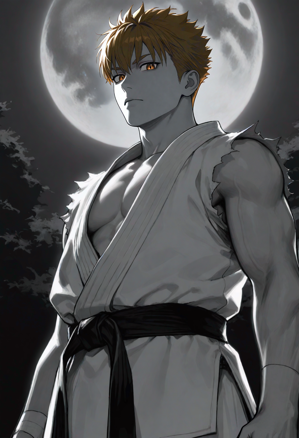 <lora:96_chiaroscuro_vpred10_1a-000022:1>,dark,chiaroscuro,moonlight,dark background,black background,
<lora:fujiyama_arashi:1>,f4r4sh1,blonde_f4r4sh1_hair,brown_f4r4sh1_eyes,1boy,male focus,solo,spot color,
from below,looking at viewer,dougi,martial arts belt,veins,torn sleeves,(biceps:0.8),pectorals peak,
greyscale,monochrome,high contrast,harsh light,moonlight,
large moon,
masterpiece,very awa,best quality,amazing quality,absurdres,highres,latest