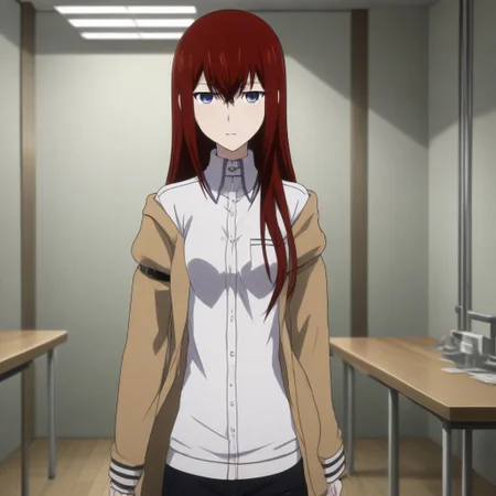 A naughty image of Makise Kurisu standing indoors leaning forward showing cleavage , lab room , partially removed white dress , red hair , jacket , shorts , full-body view