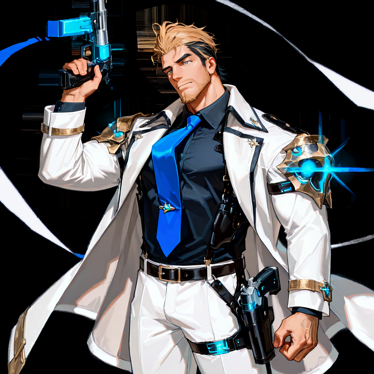 <lora:Justin__Alchemist_Code-000003:.7>, tagatamejustin, 1boy, two-tone hair (blonde and black), slicked back hair, grey eyes, moustache, solo, male focus, manly, bara, muscle body, mature male, coat, long sleeves, collared shirt, tie, shoulder armor, glowing, gun, gun holster, belt, pants, shoes,
cowboy shot,
(very short hair, beard, bara, mature, facial hair, stubble, beard, full beard, sideburn, beard, a lot of beard, ), facial hair,male focus, muscular male, muscular male, bara, mature,  bara, mature, aixiwuganda_(20222192), very awa, masterpiece, best quality, absurdres, newest, perfect quality, detailed background, intricate details,
<lora:slider_Body Type_alpha1.0_rank4_noxattn_last:3><lora:Anime Summer Days 2 Style SDXL_LoRA_Pony Diffusion V6 XL:.6><lora:slider_cfg_scale_boost:.7><lora:Artist6p:.55>, Artist6p, Artist04p,<lora:slider_il_brightness_slider_d1:-1><lora:slider_il_contrast_slider_d1:-1><lora:slider_DarkSlider1.2_alpha1.0_rank16_full_300steps:-.6><lora:slider_contract_controller_illus01_v1:.5>,