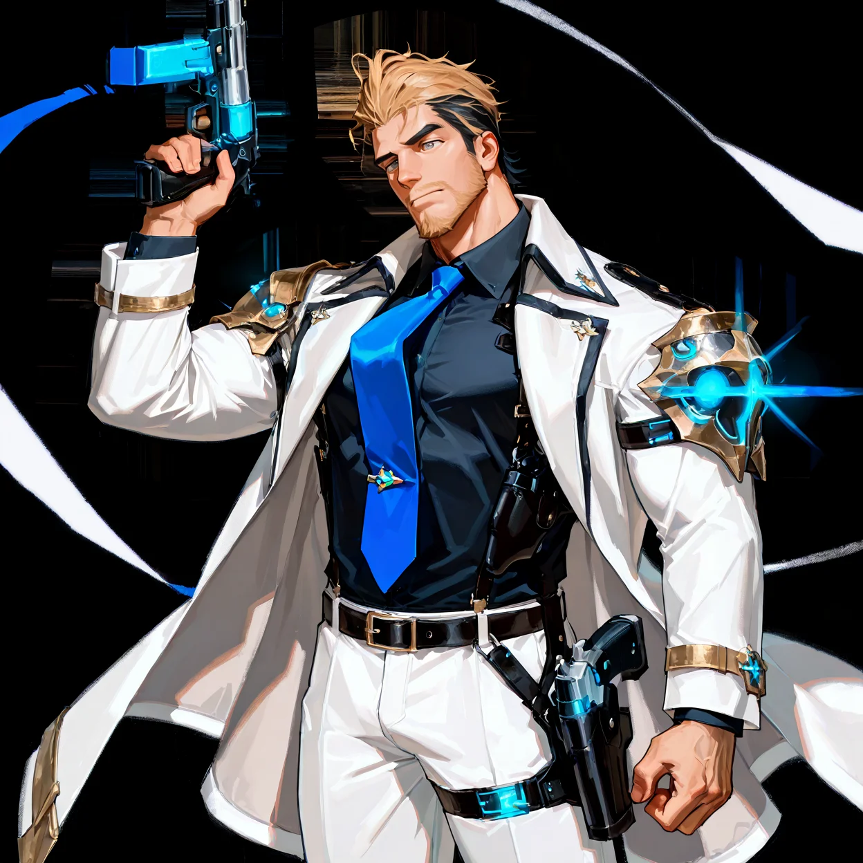 <lora:Justin__Alchemist_Code-000003:.7>, tagatamejustin, 1boy, two-tone hair (blonde and black), slicked back hair, grey eyes, moustache, solo, male focus, manly, bara, muscle body, mature male, coat, long sleeves, collared shirt, tie, shoulder armor, glowing, gun, gun holster, belt, pants, shoes,
cowboy shot,
(very short hair, beard, bara, mature, facial hair, stubble, beard, full beard, sideburn, beard, a lot of beard, ), facial hair,male focus, muscular male, muscular male, bara, mature, bara, mature, aixiwuganda_(20222192), very awa, masterpiece, best quality, absurdres, newest, perfect quality, detailed background, intricate details,
<lora:slider_Body Type_alpha1.0_rank4_noxattn_last:3><lora:Anime Summer Days 2 Style SDXL_LoRA_Pony Diffusion V6 XL:.6><lora:slider_cfg_scale_boost:.7><lora:Artist6p:.55>, Artist6p, Artist04p,<lora:slider_il_brightness_slider_d1:-1><lora:slider_il_contrast_slider_d1:-1><lora:slider_DarkSlider1.2_alpha1.0_rank16_full_300steps:-.6><lora:slider_contract_controller_illus01_v1:.5>,