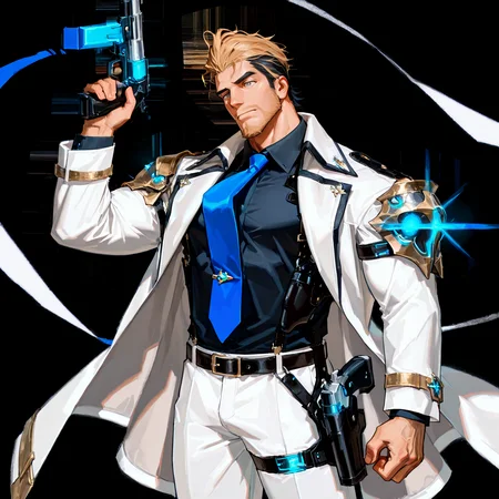 <lora:Justin__Alchemist_Code-000003:.7>, tagatamejustin, 1boy, two-tone hair (blonde and black), slicked back hair, grey eyes, moustache, solo, male focus, manly, bara, muscle body, mature male, coat, long sleeves, collared shirt, tie, shoulder armor, glowing, gun, gun holster, belt, pants, shoes,
cowboy shot,
(very short hair, beard, bara, mature, facial hair, stubble, beard, full beard, sideburn, beard, a lot of beard, ), facial hair,male focus, muscular male, muscular male, bara, mature,  bara, mature, aixiwuganda_(20222192), very awa, masterpiece, best quality, absurdres, newest, perfect quality, detailed background, intricate details,
<lora:slider_Body Type_alpha1.0_rank4_noxattn_last:3><lora:Anime Summer Days 2 Style SDXL_LoRA_Pony Diffusion V6 XL:.6><lora:slider_cfg_scale_boost:.7><lora:Artist6p:.55>, Artist6p, Artist04p,<lora:slider_il_brightness_slider_d1:-1><lora:slider_il_contrast_slider_d1:-1><lora:slider_DarkSlider1.2_alpha1.0_rank16_full_300steps:-.6><lora:slider_contract_controller_illus01_v1:.5>,