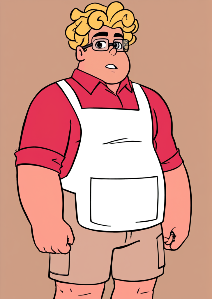1boy, solo male, front view , looking at the viewer, full body, khaki shorts, white apron, red shirt, speach bubble, ((simple background)),
<lora:ronfryman:0.7> ronfryman, ronaldo fryman, long curled hair, blonde, chubby, masculine, male, glasses, fat,, ,score_9, score_8_up,, <lora:pepelarrazstylexl:0.5> pepelarrazstylexl, comic book style, art by jonathan hickman, 2d art,<lora:Pepe_Larraz-000006:0.5> pepe larraz style, pepe larraz, art by jonathan hickman, 2d art,, <lora:Expressive_H:1> Expressiveh, <lora:add_details_xl:1> more detail, <lora:WildcardX-XL-Detail-Enhancer:1>