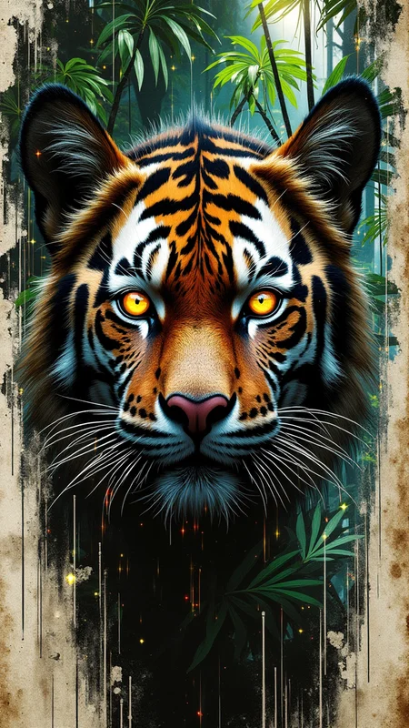 Jedcyb3r, Jedspl4tt, A tigers face layered with dense, tropical jungle foliage and sunlight filtering through the leaves, <lora:splatter1:1>