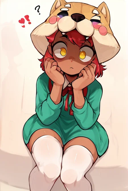 score_9, score_8_up, score_7_up, <lora:shinita:1> shinita , 1 girl , dark-skinned female, red hair, no pupils, green dress, long sleeves, white thighhighs, red ribbon, shaded face, ,dog headwear , confused, looking at viewer, randoseru, heart, <lora:Aer0Zer0_Artist_Style:1>