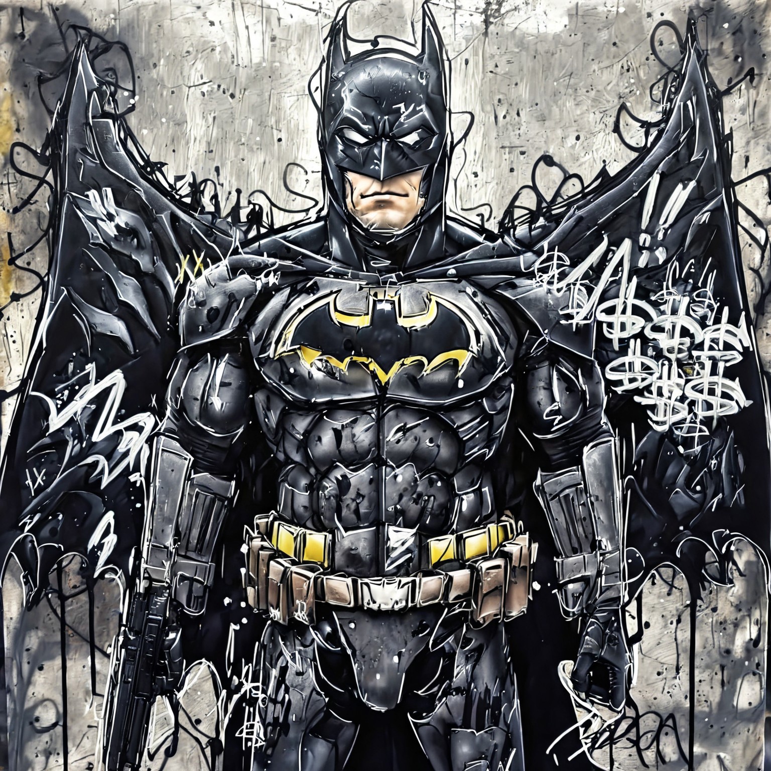 Evang, Batman standing in a destroyed city street with torn clothing, scars, scratches, battle damaged suits, tactical armor, muscular, menacing look, Batmobile to the left in the background