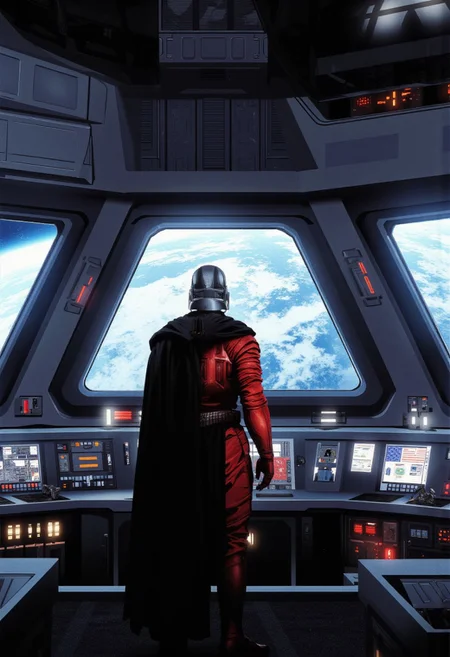 A digital painting in the style of ck-js, Darth Malak standing at the windows on the main bridge of a Star Destroyer. The scene is set inside a large, futuristic, and dimly lit command bridge. Darth Malak, wearing his red armor with black cape and jaw protector, stands tall and imposing, with his back to the viewer, gazing out of the large, triangular windows that overlook the ecumenopolis planet nearby. The windows reveal terrific scene of a orbital bombardment nearby planet from space. The interior of the bridge retains its metallic and sleek aesthetic, with control panels, screens, and high-tech equipment lining the walls. The lighting is cold and aesthetic, with the main source coming from nearby star, casting reflections on the metallic surfaces. The atmosphere is a mix of tense authority and destruction of the planet creating an unforgettable scene.