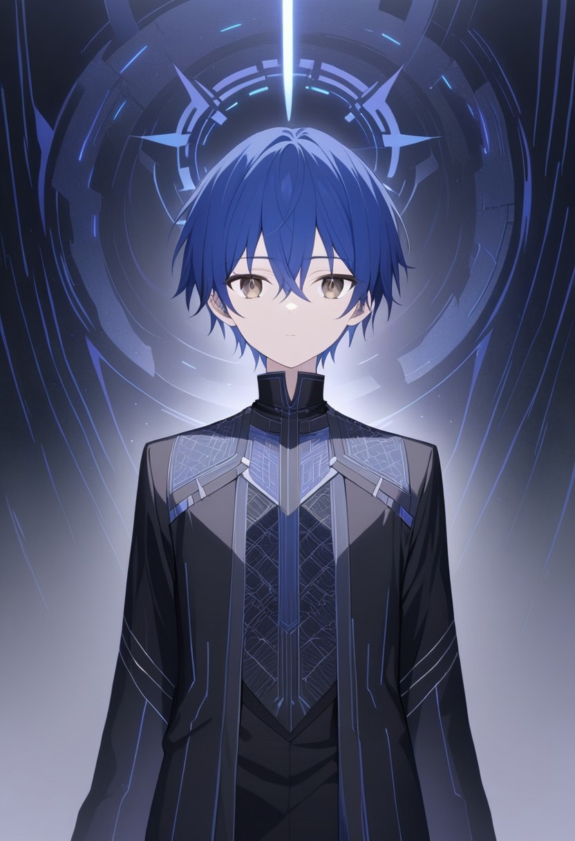 A highly detailed half-body portrait of an anime-style boy with striking blue hair and deep brown eyes. Halo,. He wears an emperor's big  crown adorned with dark, intricate designs that convey power and mystery. His clothing is imperial, with elaborate patterns and dark tones, combining traditional royal elements with futuristic, sci-fi influences. The fabric shimmers with advanced technological patterns woven into the material, giving it a modern, almost otherworldly feel. The boy stands in a grand royal court, the background filled with a blend of classical architecture and cutting-edge technology. Dark shadows and subtle lighting highlight his features, creating a mysterious and intense atmosphere. The boy gazes directly at the viewer, his expression calm yet commanding, exuding an aura of authority and elegance. The entire scene is rendered with meticulous detail, showcasing the complex interplay between traditional royal aesthetics and modern sci-fi elements.full body
This prompt should provide the depth and detail needed to achieve a highly complex and visually stunning image.