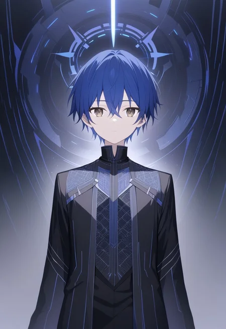 A highly detailed half-body portrait of an anime-style boy with striking blue hair and deep brown eyes. Halo,. He wears an emperor's big crown adorned with dark, intricate designs that convey power and mystery. His clothing is imperial, with elaborate patterns and dark tones, combining traditional royal elements with futuristic, sci-fi influences. The fabric shimmers with advanced technological patterns woven into the material, giving it a modern, almost otherworldly feel. The boy stands in a grand royal court, the background filled with a blend of classical architecture and cutting-edge technology. Dark shadows and subtle lighting highlight his features, creating a mysterious and intense atmosphere. The boy gazes directly at the viewer, his expression calm yet commanding, exuding an aura of authority and elegance. The entire scene is rendered with meticulous detail, showcasing the complex interplay between traditional royal aesthetics and modern sci-fi elements.full body
This prompt should provide the depth and detail needed to achieve a highly complex and visually stunning image.