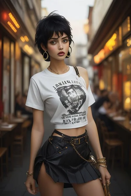 masterpiece,best quality,ultra_detailed, bellissima, 1girl ,  westwood style, haircut style pixie, miniskirt, shirt, from below, shoulder bag  ,by Ellen von Unwerth