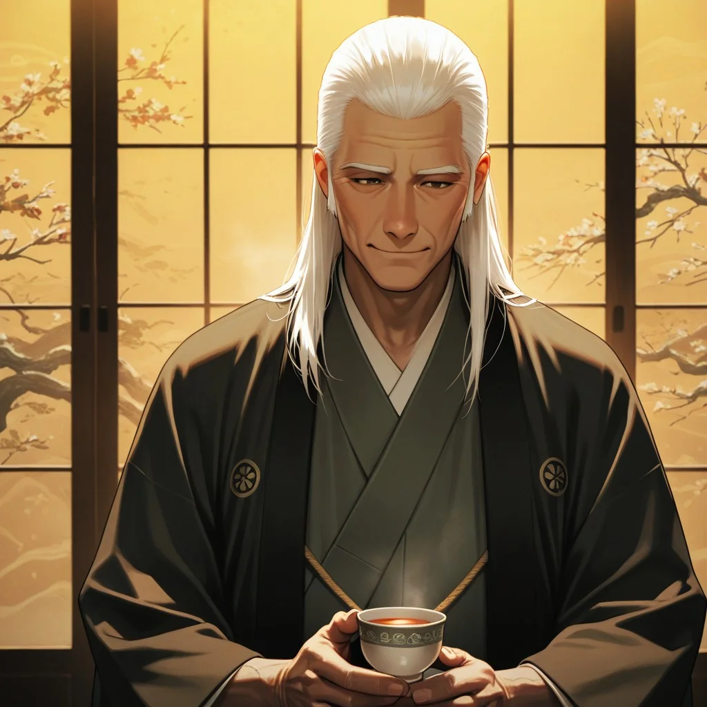 masterpiece, best quality, amazing quality, absurdres, newest, detailed background, definition so sharp, Ultra-HD, 8K cinematic, very awa, impressionate, amazing quality, highres,
solo, male focus, manly,
daikakukokujouji, lieutenant_white hair, lieutenant_brown eyes, 1boy, solo, old man, seated, gentle smile, long hair, traditional Japanese attire, kimono, tea cup, warm lighting, shoji screen, cozy atmosphere, storytelling, relaxed, wise, serene, contented, elegant
