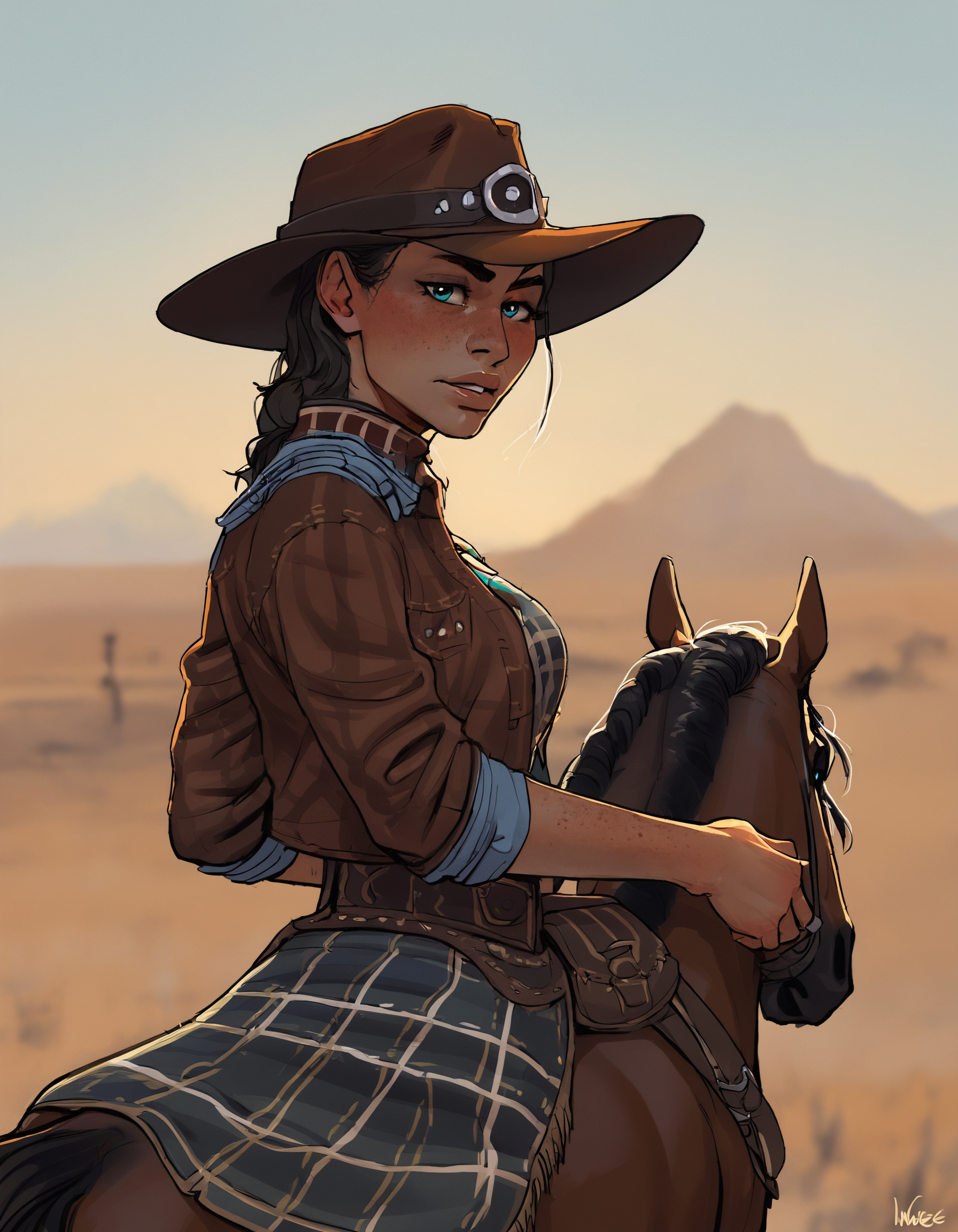 1girl, female, solo, portrait,
looking at viewer, cowgirl, riding horse, saddle, cowboy hat, jacket, western, mesa, desert
BREAK
score_9, score_8_up, score_7_up, score_6_up, source_cartoon, rating_safe
<lora:incase_style_v4:1>