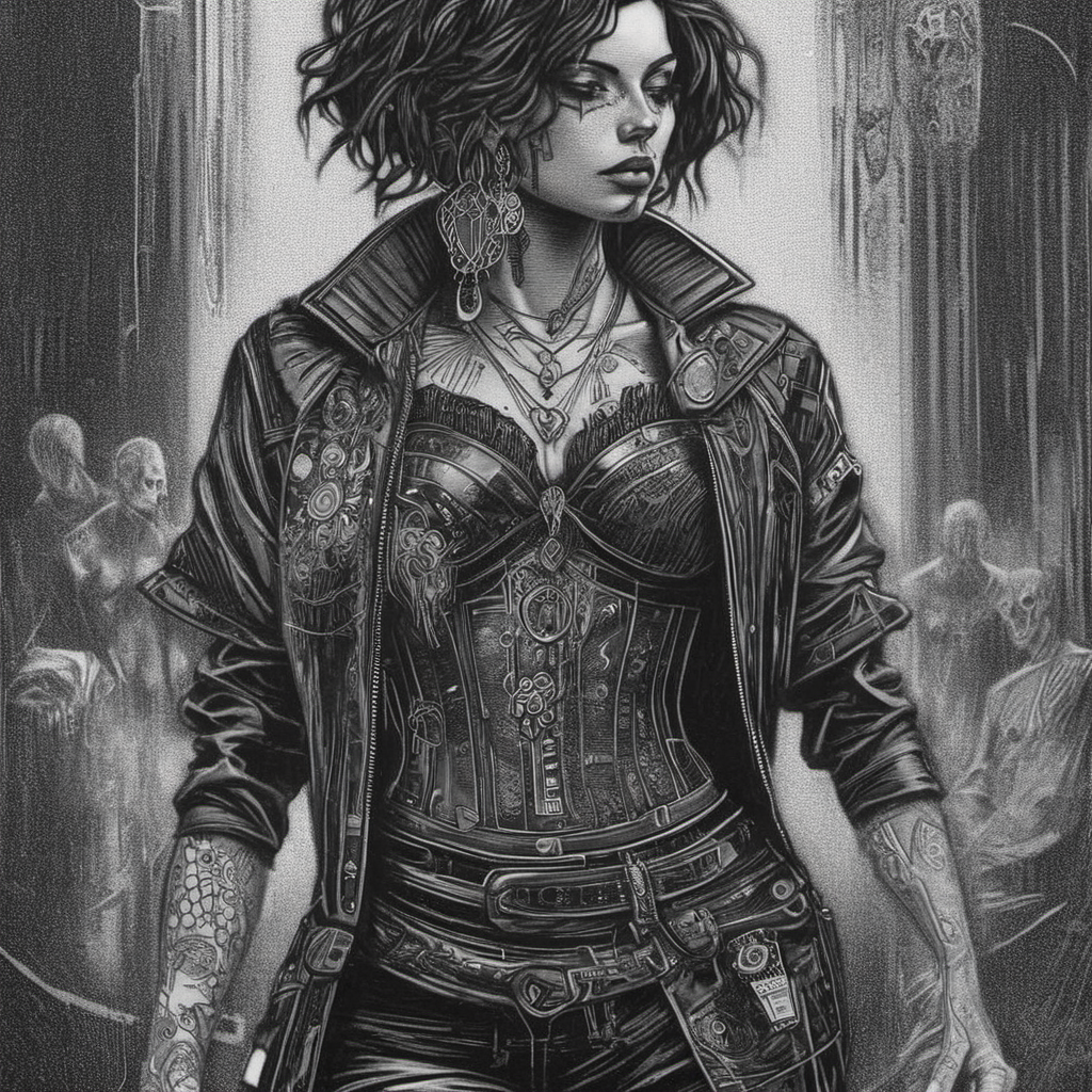 <lora:franklinbooth_xl-000006:1> a drawing in the style of franklinbooth, a women dancing, hi top fade hair,  tattoos. cyberpunk  <lora:Cyberpunk_Techno-Mages_SDXL:1>