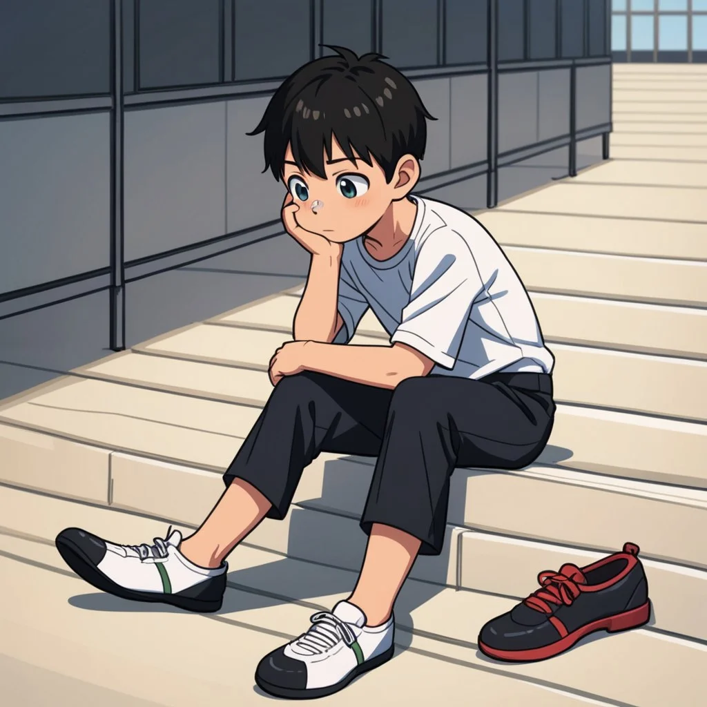 Boy young smelling tap shoes near nose