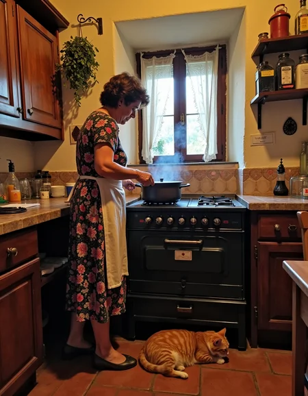 A warm and intimate kitchen scene inside an aged Italian apartment, showcasing its historic charm with worn wooden cabinets, tiled countertops, and a slightly weathered yet cozy atmosphere. An Italian woman, in her late 40s or 50s, stands in front of an old-fashioned gas stove, stirring a pot of boiling pasta. Steam rises from the pot, catching the soft natural light filtering in from a small window with lace curtains. She wears a floral-patterned dress, slightly faded but full of character, with an apron loosely tied around her waist. Her expression is one of quiet focus and comfort.
On the terracotta-tiled floor, an orange tabby cat is curled up, sleeping peacefully, adding to the warmth of the scene. The background features rustic shelves with jars of spices, olive oil bottles, and a hanging bunch of dried herbs. The composition balances the woman and the stove as the focal points, with the cat subtly enhancing the cozy atmosphere.
 <lora:iphone-dev-7:1> iphone photo