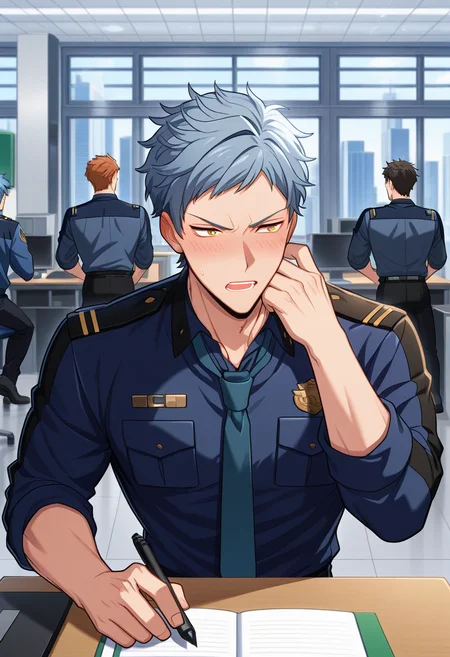 4boys, male focus, solo focus,
<lora:Character - Helios Rising Heroes - Asch AlbrightIllust:1> aschalbright, blue hair, orange eyes, muscular male,
. zPDXL, best quality, great aesthetic, absurdres, year2023, uncensored, score_9,
indoor, office, desk, sitting on desk, police uniform, blue necktie, upper body,