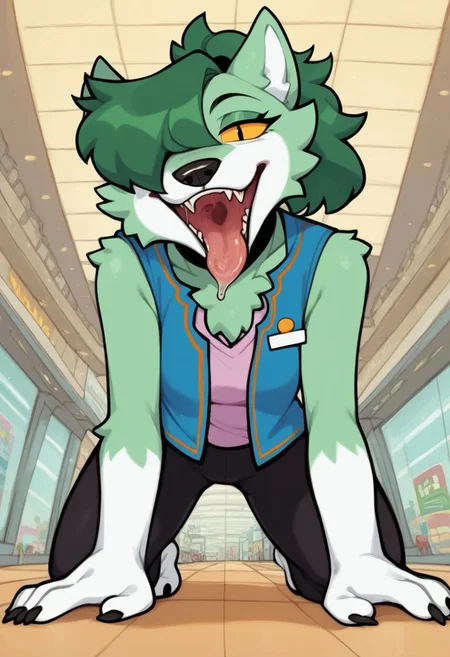 nance_arcade, 1girl, female furry, anthro, canide, wolf, light green and white fur, animal ears, dark green hair (ponytail, hair over one eye), black eyes (yellow sclera), tufty chest, white paws, claws, green tufty tail with white fur on tip, black chocker, pink sleeveless shirt, blue toptie vest, black short pants, barefoot, score_9_up, score_8_up, score_7_up, BREAK, 1girl, solo, from below, head tilt, horny, crawling toward viewer, on all fours, saliva, tongue out, looking at viewer, detailed background, mall background, masterpiece, best quality, 8k, Expressiveh,