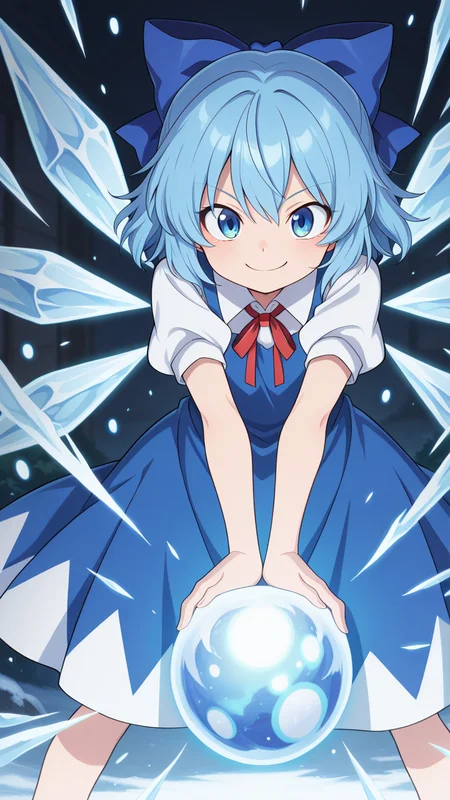 (orb:1.3), energy, smile, cold,, <lora:danmakuILM:1.0>, danmaku,, masterpiece, best quality, amazing quality, very aesthetic, absurdres, newest, anime screencap, <lora:Cirno_Illustrious:1>, cirno, blue eyes, blue hair, short hair, ice wings, ice, bow, hair bow, dress, blue dress, short sleeves, blue bow, puffy sleeves, red ribbon,