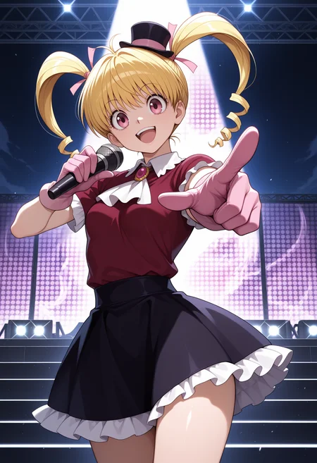 1girl, solo, pink eyes, blonde hair, long hair, twin drills, hair ribbon, pink ribbon, looking at viewer, hunter x hunter, small breasts,
mini hat, head tilt, jewelry, brooch, white ascot, frills, red shirt, short sleeves, pink gloves, black skirt, outdoors, standing, holding microphone, stage, smile, open mouth, pointing at viewer, cowboy shot, thighs,
,masterpiece,best quality,amazing quality,
<lora:bisky_meipaws:.9>