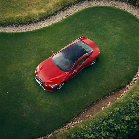 realistic photo of a red lexuslc car on green grass, outside, cinematic, from above, <lora:LexusLC_SDXL_v1:1>