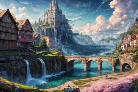 (RAW photo, 8k uhd, Analog style, Masterpiece, Best Quality, Highres:1.4), (dramatic, cinematic:1.2), BREAK,
movie shot of colorful hyperdetailed fantastic fantasy mysterious magic landscape, above clouds, (medieval elven fantasy (village:1.35), (steampunk:1.05) (peasant:1.15) (robots:1.1) (crowd:1.35), playing (little steampunk (girl:1.25):1.1), (farm:1.31), (lake, (river:1.14):1.15), (bridges:1.4), (waterfalls:1.35), (boat:1.4), (dock:1.1), (cliff:1.35), road, (green:1.05) valley, (flowers:1.2), (maple trees:0.65), (green:1.05) (fields:1.3), (fences:1.3), (snowy:1.17) (pines:1.1), (pink:1.0) (flowering tree:1.12):1.22), BREAK,
((mountains:1.22), (futuristic:1.15) (overgrown:1.27) (skyscrapers:1.53) (ruins:1.35), (market, water wheel, castle:1.14), (colorful houses:1.2), birds, stairs, spaceport, ((bright morning sun daylight:1.05) rainbow pure (blue:1.05) sky, glowing:1.05), starry, crescent, meteor, ((fluffy cloud:1.2), godrays, light particles:1.05), various seasons, steam, smokes:1.2), BREAK,
(photorealistic:1.2), (intricate:1.3), (light theme:1.3), (inspiring joyful atmosphere:1.2), (fabulous, fantasy, mysterious, science fiction, post-apocalypse, incredible, amazing, happy, sunny, pastoral, esoteric, antique:1.2), (hyperdetailed, absurdres:1.2), (colorful, saturated:1.4), colorful lighting, BREAK,
<lora:more_details:1>,