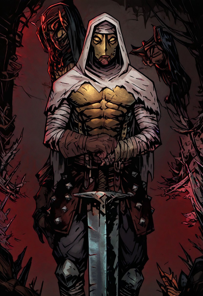 masterpiece, best quality, newest, absurdres, highres, TTCSV1.0,
solo, solo focus, 1boy, DDLEP-V1.0, armor, mask, metal mask, golden mask, gloves, brown gloves, bandages, hood, hood up, abs, holding, holding sword, sword, weapon, holding weapon, planted sword,