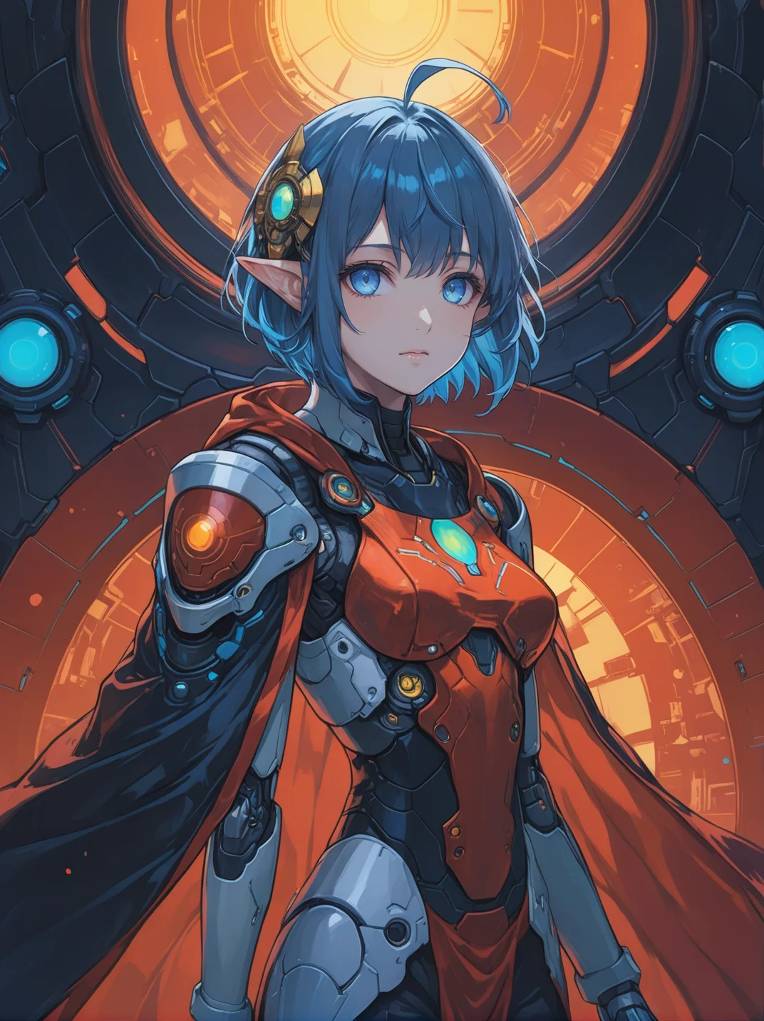 <lora:yukihiro_kajimoto_so2r_xl:0.8> <lora:IOS_Iridescent_opal_style:0.6> star ocean, 1girl, rena lanford, ahoge, armor, blue_eyes, blue_hair, boots, cape, full_body, hair_ornament, pleated_skirt, pointy_ears, short_hair, [woman:robot joints:0.6], [armpits:mecha:0.5], [evangelion:cyberpunk edgerunners:0.5], [lens flare:opal:06], intricate detail, cinematic lighting, amazing quality, amazing shading, detailed Illustration, official artwork, wallpaper, official art, extremely detailed eyes and face, beautiful detailed eyes, ((masterpiece, best quality)), (from behind), upper body, (thigh gap)
