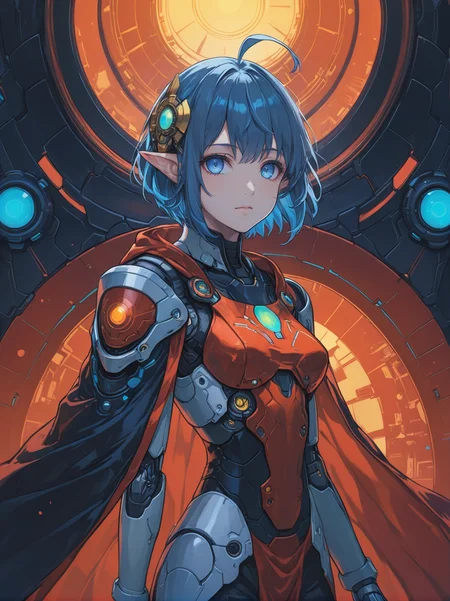 <lora:yukihiro_kajimoto_so2r_xl:0.8> <lora:IOS_Iridescent_opal_style:0.6> star ocean, 1girl, rena lanford, ahoge, armor, blue_eyes, blue_hair, boots, cape, full_body, hair_ornament, pleated_skirt, pointy_ears, short_hair, [woman:robot joints:0.6], [armpits:mecha:0.5], [evangelion:cyberpunk edgerunners:0.5], [lens flare:opal:06], intricate detail, cinematic lighting, amazing quality, amazing shading, detailed Illustration, official artwork, wallpaper, official art, extremely detailed eyes and face, beautiful detailed eyes, ((masterpiece, best quality)), (from behind), upper body, (thigh gap)