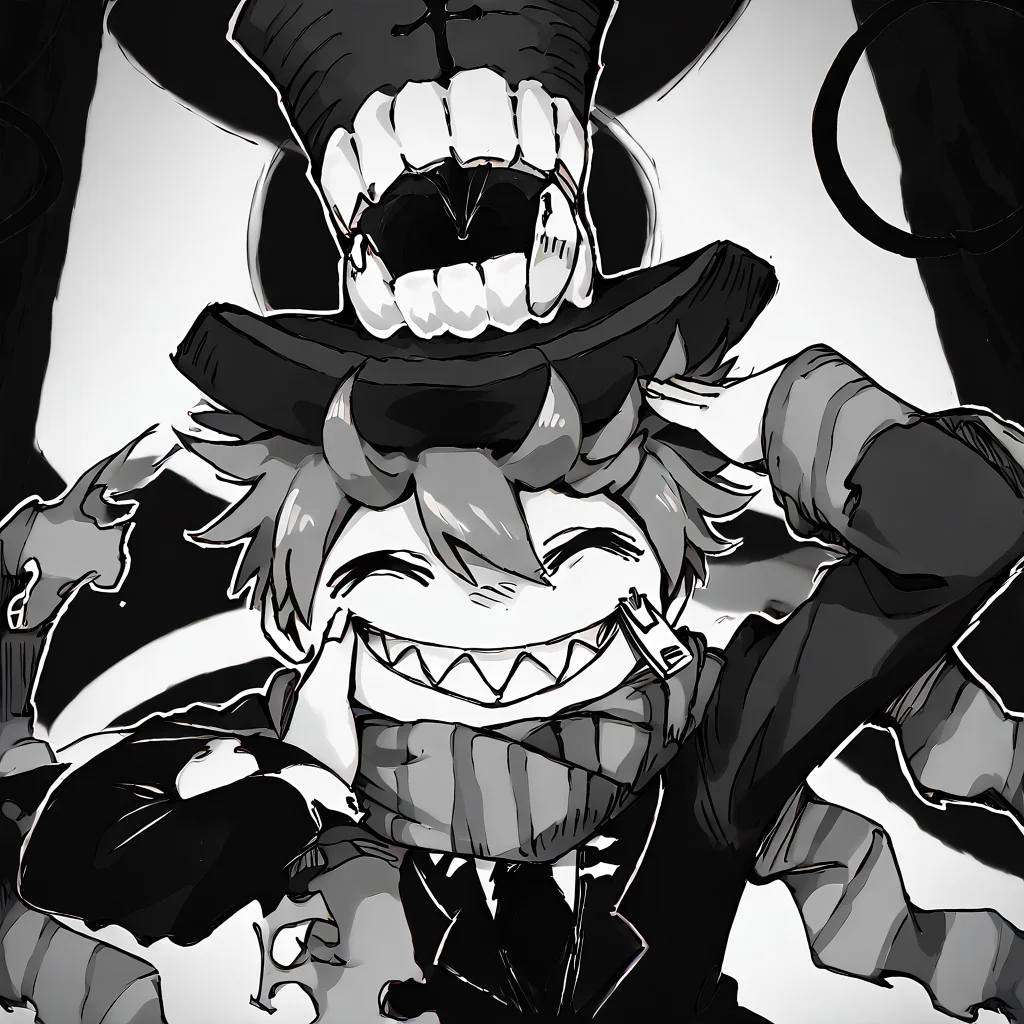 <lora:Happy_Heroine_Sniper:1> teeth, hat, sharp teeth, grin, scarf, top hat, monochrome, striped scarf, black suit
<lora:AhEtoBlehMeme_pdxl_Incrs_v1:0.8> AhEtoBlehMeme, closed eyes, tongue out, :p, hands on own head, smile