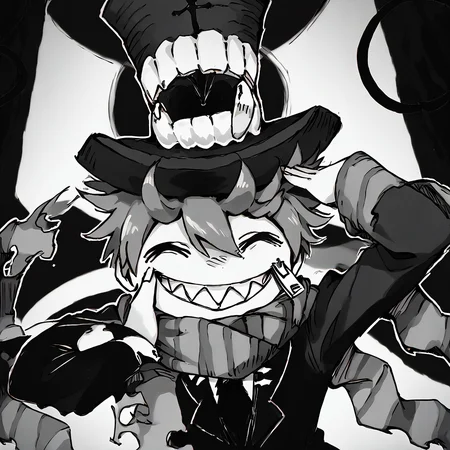 <lora:Happy_Heroine_Sniper:1> teeth, hat, sharp teeth, grin, scarf, top hat, monochrome, striped scarf, black suit
<lora:AhEtoBlehMeme_pdxl_Incrs_v1:0.8> AhEtoBlehMeme, closed eyes, tongue out, :p, hands on own head, smile