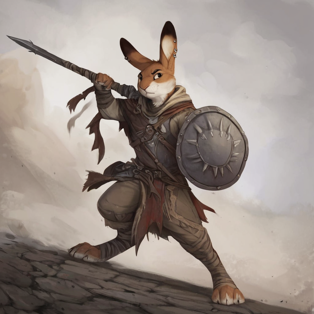 <lora:Lizet_Style_PonyXL:0.8>, lizet, by lizet,  flat_shade score_9_up, score_8_up, score_7_up, score_6_up, score_5_up, score_4_up,  source_furry, rating_safe, anthro, biped, claws, dipstick ears, ear markings, ear piercing, holding object, holding weapon, male, multicolored ears, piercing, shield, solo, weapon, hare, lagomorph, leporid, mammal