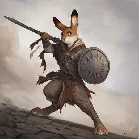 <lora:Lizet_Style_PonyXL:0.8>, lizet, by lizet, flat_shade score_9_up, score_8_up, score_7_up, score_6_up, score_5_up, score_4_up, source_furry, rating_safe, anthro, biped, claws, dipstick ears, ear markings, ear piercing, holding object, holding weapon, male, multicolored ears, piercing, shield, solo, weapon, hare, lagomorph, leporid, mammal