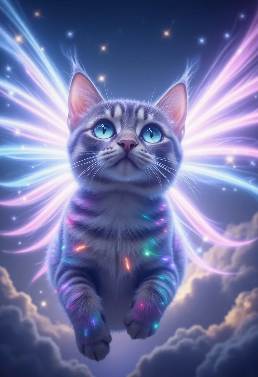 Angelic cat with ethereal wings flying through nimbus clouds.