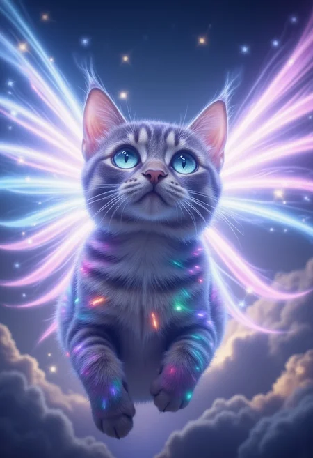 Angelic cat with ethereal wings flying through nimbus clouds.