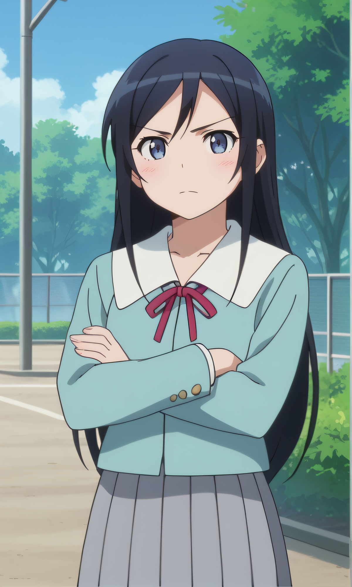 score_9, score_8_up, score_7_up, source_anime, rating_safe, intricate details, anime screencap, official style, anime coloring, 1girl, solo, <lora:Aragaki_Ayase:1>, ayase, dark hair, long hair, blue eyes, school uniform, long sleeves, neck_ribbon, pleated skirt, grey skirt, looking at viewer, outdoor, cowboy shot, frown, crossed arms, frontal view