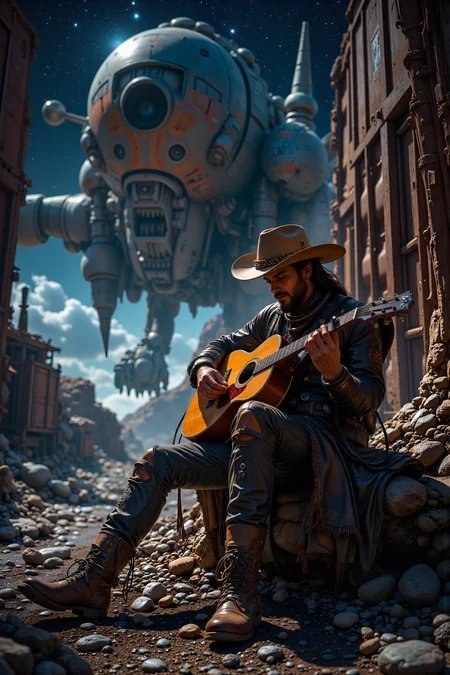 A hyper-realistic portrait, photorealistic photo close-up image of In the shadow of a colossal space cruiser, a space cowboy sits on the edge of a broken-down cargo container, strumming an old guitar made of salvaged parts. His wide-brimmed hat is tilted low over his eyes, shading his face from the blinding light of a distant supernova that illuminates the asteroid field surrounding him. His worn boots rest on the jagged metal, their soles scuffed from countless planetside brawls and dusty trails. The shipyard around him is alive with activityâmechanics working on rusted freighters, bounty hunters haggling with shady tradersâbut his focus is on the soft, melancholy tune he plays, a rare moment of calm amidst the chaos. His leather duster is patched and torn, but beneath it, the glint of a high-tech energy revolver peeks out from its holster, always within reach. Above, the stars twinkle like diamonds scattered across the black velvet of space, while far-off planets and moons cast a faint glow on the horizon. His ship, a beat-up but reliable craft, sits nearby, its thrusters cooling from a long journey across the galaxy. The cowboyâs eyes flicker up briefly, catching sight of a bounty notice flashing on a nearby holoscreen, but for now, heâs content to finish his song. The scene captures the solitude of a wandering soul in a universe both vast and unforgiving. (photography, high-resolution, dynamic, energetic,hyper-realistic, dramatic lighting, shallow depth of field.), detailmaximizer, MythP0rt<lora:midjourney_whisper_flux_lora_v01:0.55><lora:aidmaMJ6.1-FLUX-V0.1:0.4><lora:FluxMythP0rtr4itStyle:0.4><lora:detailed_flux_ntc:2.2><lora:aidmaImageUpgrader-FLUX-V0.1:0.65>
