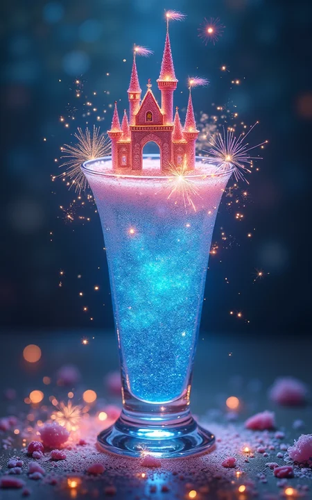 An enchanting scene featuring a tall glass of sparkling blue cocktail, where the liquid transforms into a magical fairy tale castle.  The surface of the drink is a captivating blend of pastel pinks, soft blues, and shimmering golds, intricately populated with tiny towers and sparkling fireworks that illuminate the glass.