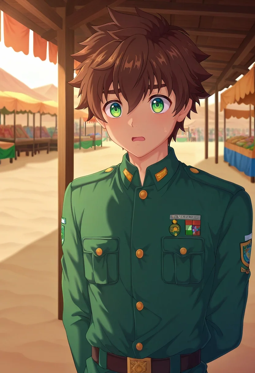 masterpiece, best quality, intricate details, anime screencap, , , , depth of field, 1boy, solo, male focus, <lora:keitaro_nagame_ilxl:0.94>, keitaro_nagame, brown hair, green eyes, short hair, , uniform, desert bazaar, sand streets, market stalls, cloth awnings, bargaining pose, animated expression, harsh sunlight,