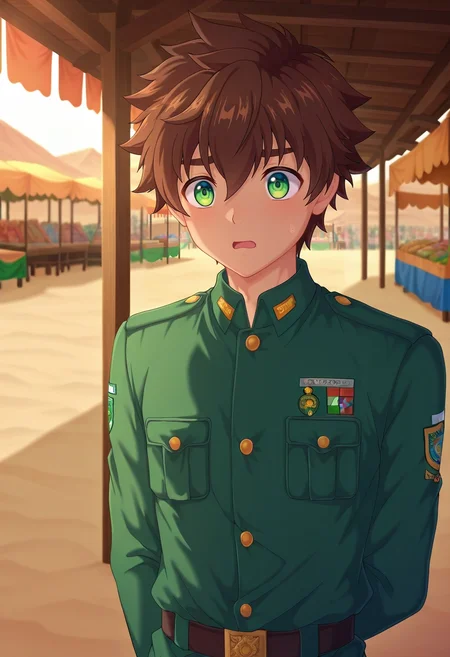 masterpiece, best quality, intricate details, anime screencap, , , , depth of field, 1boy, solo, male focus, <lora:keitaro_nagame_ilxl:0.94>, keitaro_nagame, brown hair, green eyes, short hair, , uniform, desert bazaar, sand streets, market stalls, cloth awnings, bargaining pose, animated expression, harsh sunlight,