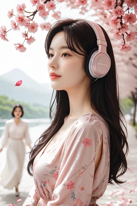 photorealistic photography of a dreamy scene of a woman perched on a cherry blossom tree, surrounded by pink petals floating in the breeze, wearing large headphones, lost in music, soft beams of sunlight breaking through the canopy, hyper-realistic, ultra-detailed floral patterns, naturalistic lighting, soft pastel colors, flowing dress fabric, intricate hair strands, relaxed and peaceful expression, ambient occlusion, ray-traced reflections, high contrast, ethereal glow, dynamic depth of field, cinematic framing, tranquil mood <lora:KimA-won-PonySRV1:0.9>, KimA-won, <lora:add-detail-xl:0.5>, <lora:Expressive_H-000001:1.2>, <lora:IzayoiLycoXL:0.3>, embedding:pureerosface_v1, A stunning real medium breasts Korean woman with long flowing dark hair, her piercing gaze directly addressing the viewer. score_9, score_8_up, score_7_up, (ultra HD quality details), High Fashion,