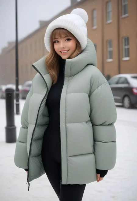 (white quilted down coat:1.4), (white quilted puffer coat:1.4), (white quilted winter clothes:1.4), (puffer hood up:1.4), (down hood up:1.4), (very snowing, very cold:1.4), (full body, ankle winter boots:1.4), (city, street, winter, snow:1.4), (snowing clothes:1.4), walking, daytime, sun, sunlight, (leggings:1.4), thigh boots, green eyes, tsurime, blonde hair, streaked hair, medium hair, light smile, straight hair, dyed bangs, sidelocks, beanie, eyelashes, eyeliner, masterpiece, high quality, best quality, beautiful lighting, realistic lighting, beautiful eyes, beautiful hair, beautiful face, detailed face, high quality face, realistic background, detailed background, (hands behind back:1.5), (from front:1.5), cuffs, collar, (Thick padded cuffs:1.4), (Thick padded collar:1.4), <lora:Collar-SDXL:0.75>, <lora:Cuffs-SDXL:0.75>, <lora:fashion_lora:0.6>