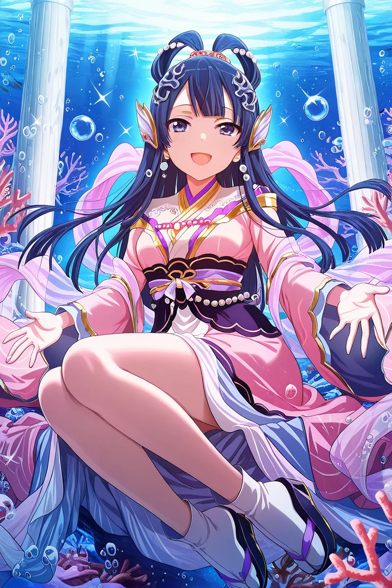 masterpiece, best quality, amazing quality,
<lora:Tamao_IL:1> tamao, 1girl, solo, long hair, hagoromo, smile, bubble, open mouth, blue hair, hair ornament, coral, underwater, sitting, jewelry, japanese clothes, shawl, wide sleeves, looking at viewer, :d, sash, bangs, blunt bangs, tabi, sparkle, pillar, pearl (gemstone)