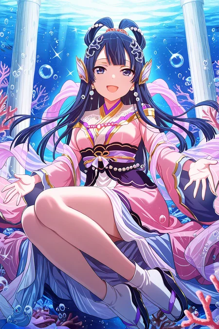 masterpiece, best quality, amazing quality,
<lora:Tamao_IL:1> tamao, 1girl, solo, long hair, hagoromo, smile, bubble, open mouth, blue hair, hair ornament, coral, underwater, sitting, jewelry, japanese clothes, shawl, wide sleeves, looking at viewer, :d, sash, bangs, blunt bangs, tabi, sparkle, pillar, pearl (gemstone)