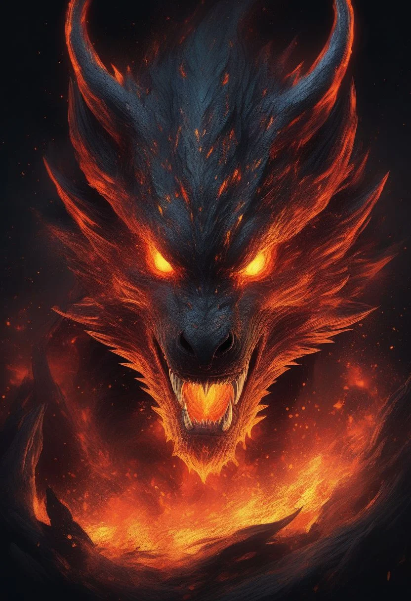 fire, lava, flames, dragon, glowing skin, pointy ears, giant monster, glowing eyes, restricted palette, swirl, paint splatter, abstract background, particles, Noct, masterpiece, best quality